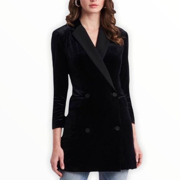 1. State Black Velvet Ruched Sleeve Blazer Dress - Picture 2 of 13